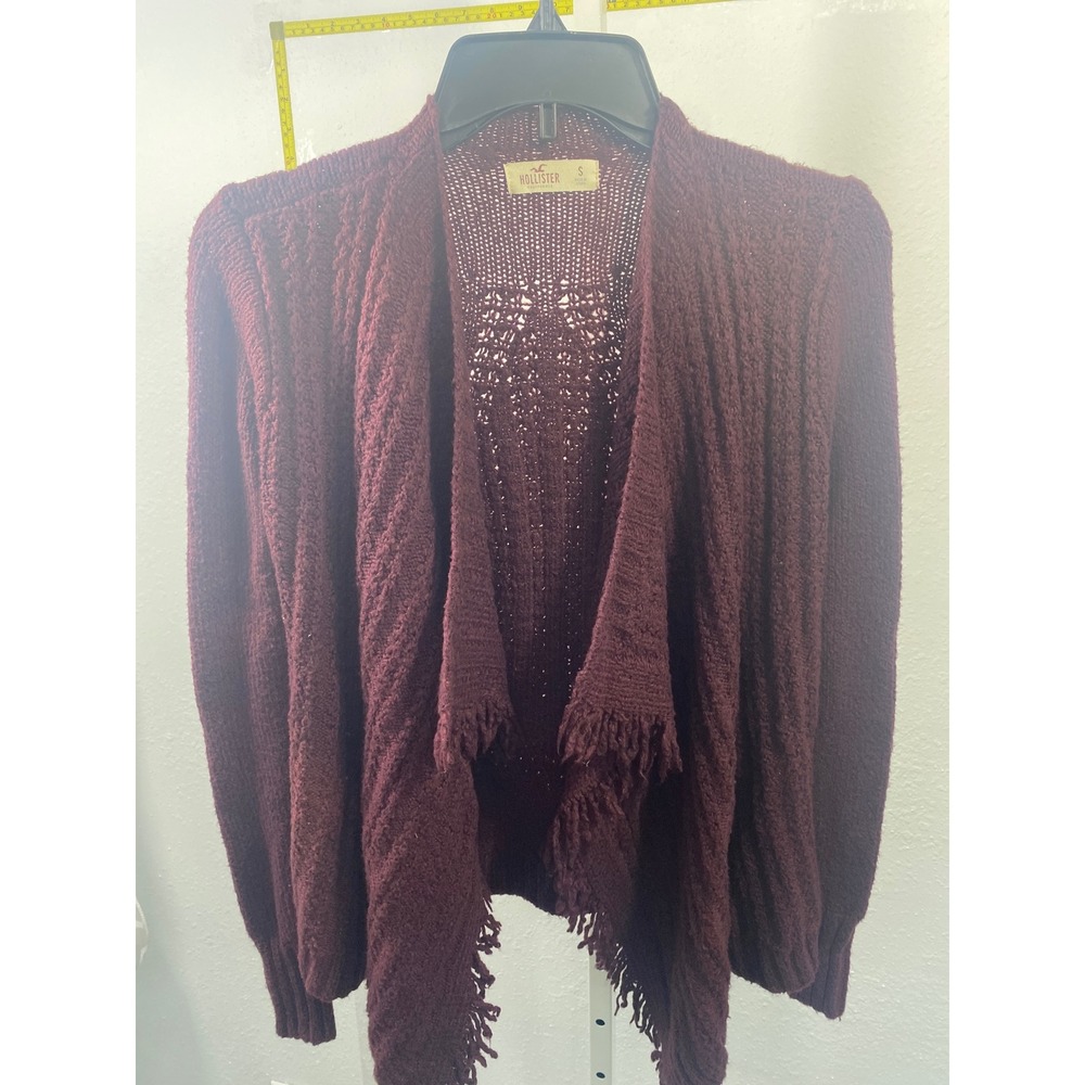 Hollister Burgundy Cable Knit Open Front Cardigan Fringe Draped Sweater Small